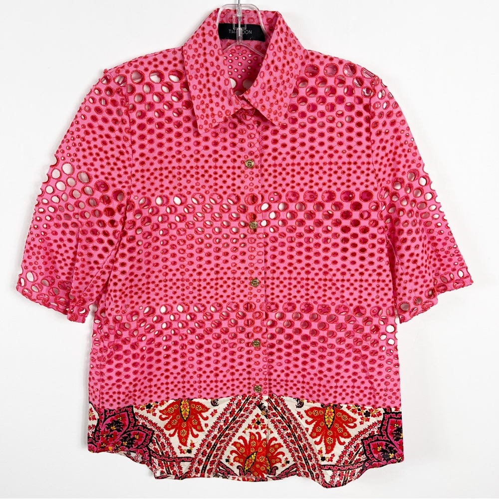 Thakoon Runway Embroidered Eyelet Button Front Shirt Size 2 Barbie Pink Multi